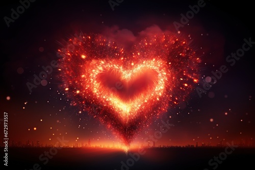 Fireworks forming a radiant heart shape against the dark sky, Heart fireworks, Night symbol, Love celebration, Generative Ai  photo