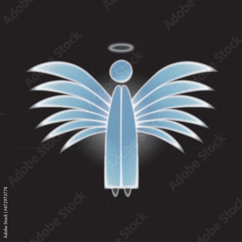 Vector illustration of creative angel shining. Blue silver angel with wings on a black isolated background.