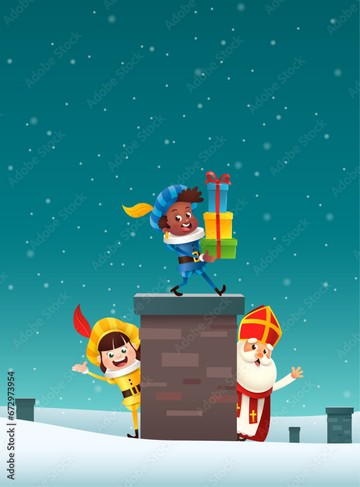 Fototapeta premium Saint Nicholas or Sinterklaas on roof - bring gifts via chimney Saint Nicholas day - winter scene