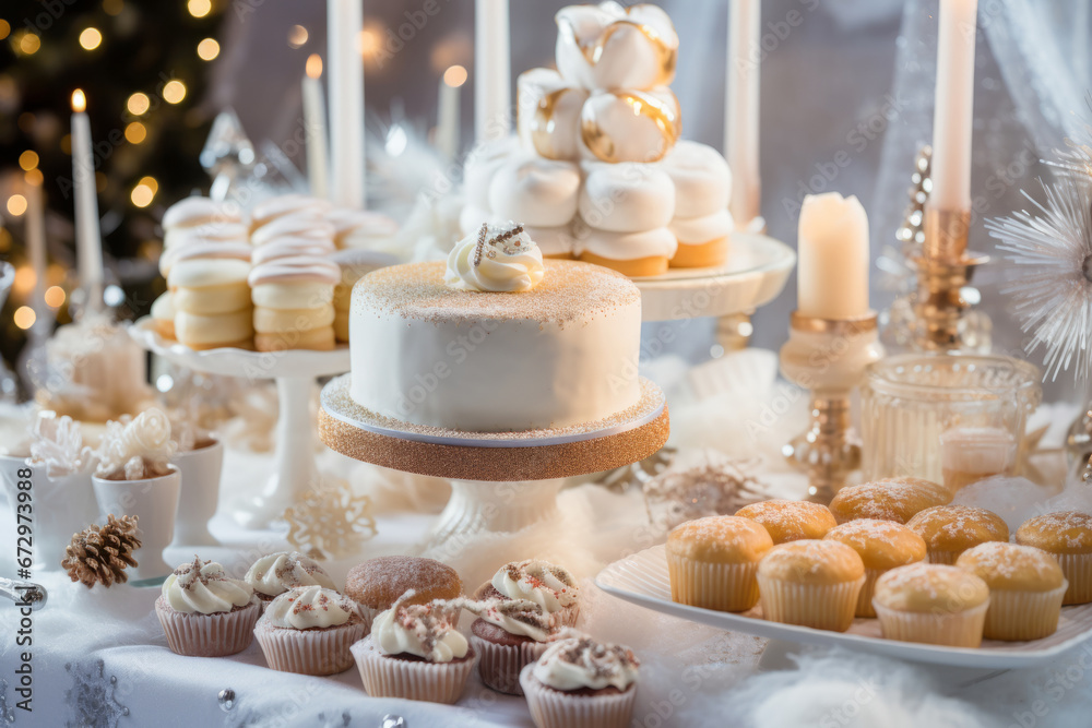 Naklejka premium Beautifully decorated winter holiday dessert table with cakes, cupcakes and treats. Generative AI