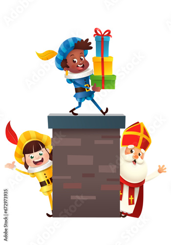 Saint Nicholas or Sinterklaas on roof - bring gifts via chimney Saint Nicholas day - vector illustration isolated on transparent background