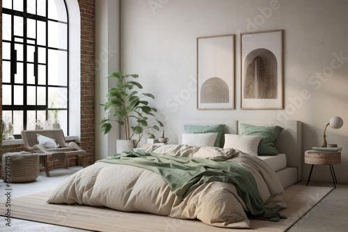 Bedroom in a scandinavian interior style with neutral decor and posters above the bed  minimalist style. Generative AI