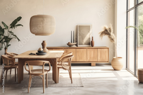 Dining room in a scandinavian style with neutral decor and lamp above the table, minimalist interior style. Generative AI