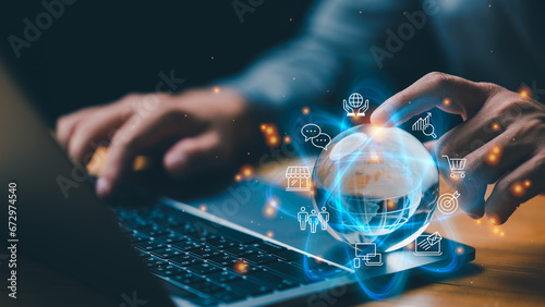 Businessman using computer with Business global internet connection application technology and digital marketing, Financial and banking, Digital link tech, big data..