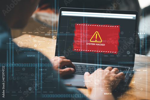 System warning hacked alert, cyber attack on computer network. Cybersecurity vulnerability, data breach, illegal connection, compromised information concept. Malicious software, virus and cybercrime. photo