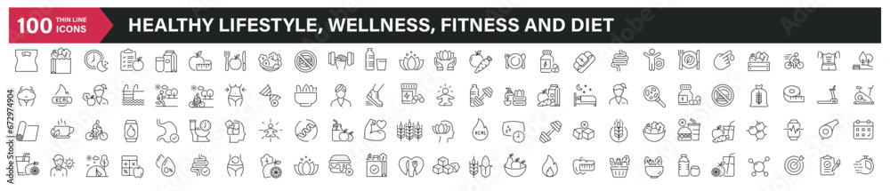 Healhty lifestyle, wellness, fitness and diet line icons. Editable stroke. For website marketing design, logo, app, template, ui, etc. Vector illustration.