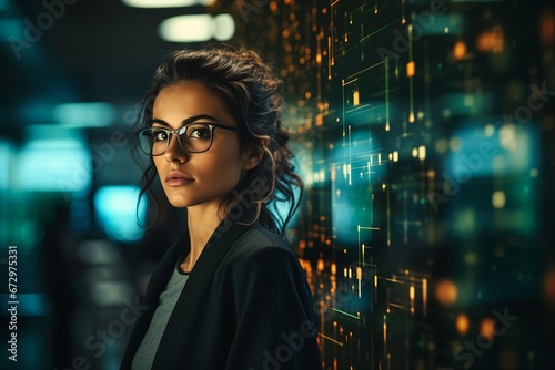 woman standing front wall glass girl glasses diode lighting aquiline facial features trading stocks protagonist interconnected female focus large ceilings