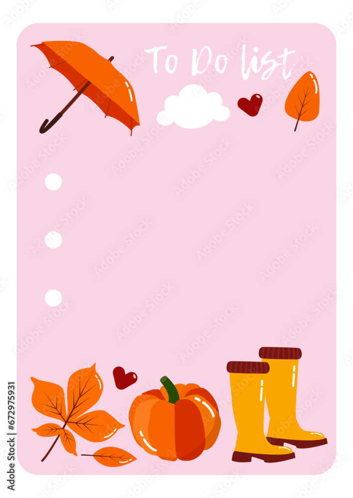 Notes, To Do, Check list decorated templates. Autumn notes with cartoon pumpkins, umbrella and boots. Printable kids checklist. Holidays to do, check list for gifts, wish, shopping