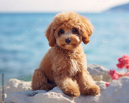 puppy poodle sitting on the rocks near the sea.