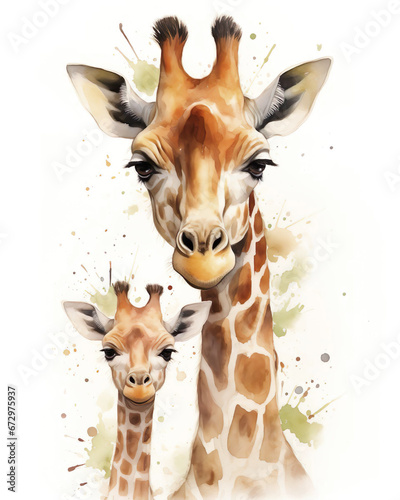 Giraffe mother and baby. Watercolor illustration on white background