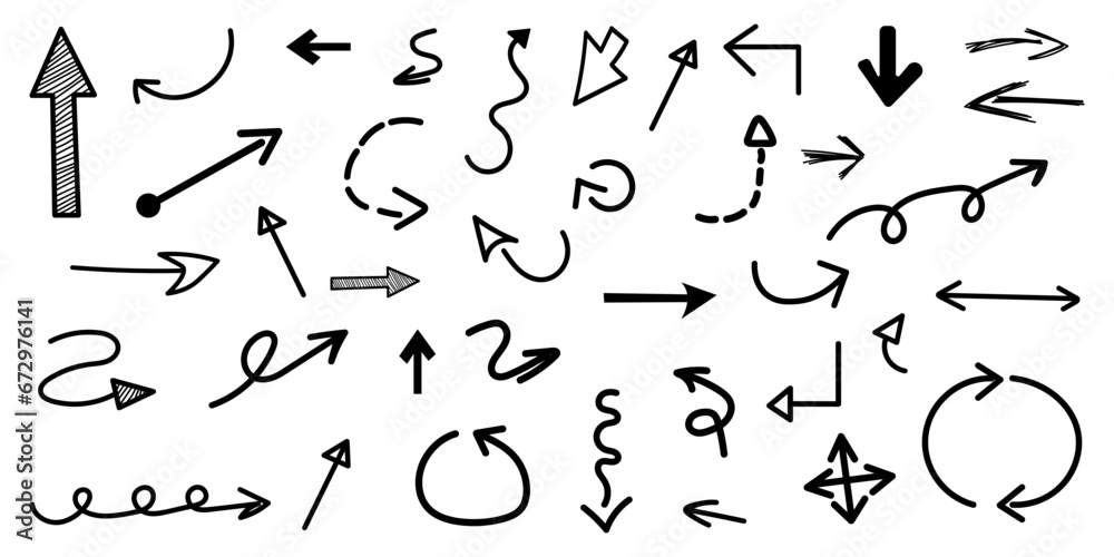 A set of black arrows in the style of doodles. Broken arrows in the form of a loop. Flow direction.
