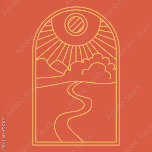 Idyllic landscape orange boho logo. Field, river, bushes, sun, sky nature scene aesthetic icon.