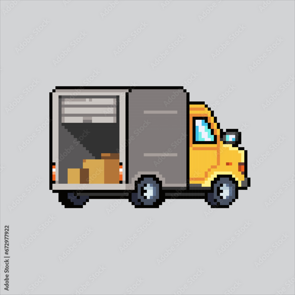 Pixel art illustration Box Truck. Pixelated Truck. Box Container truck pixelated for the pixel art game and icon for website and video game. old school retro.
