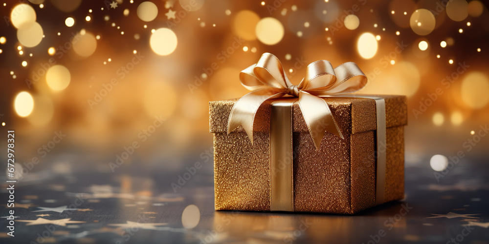 Surprise Gold gift box on shiny background, Copy space