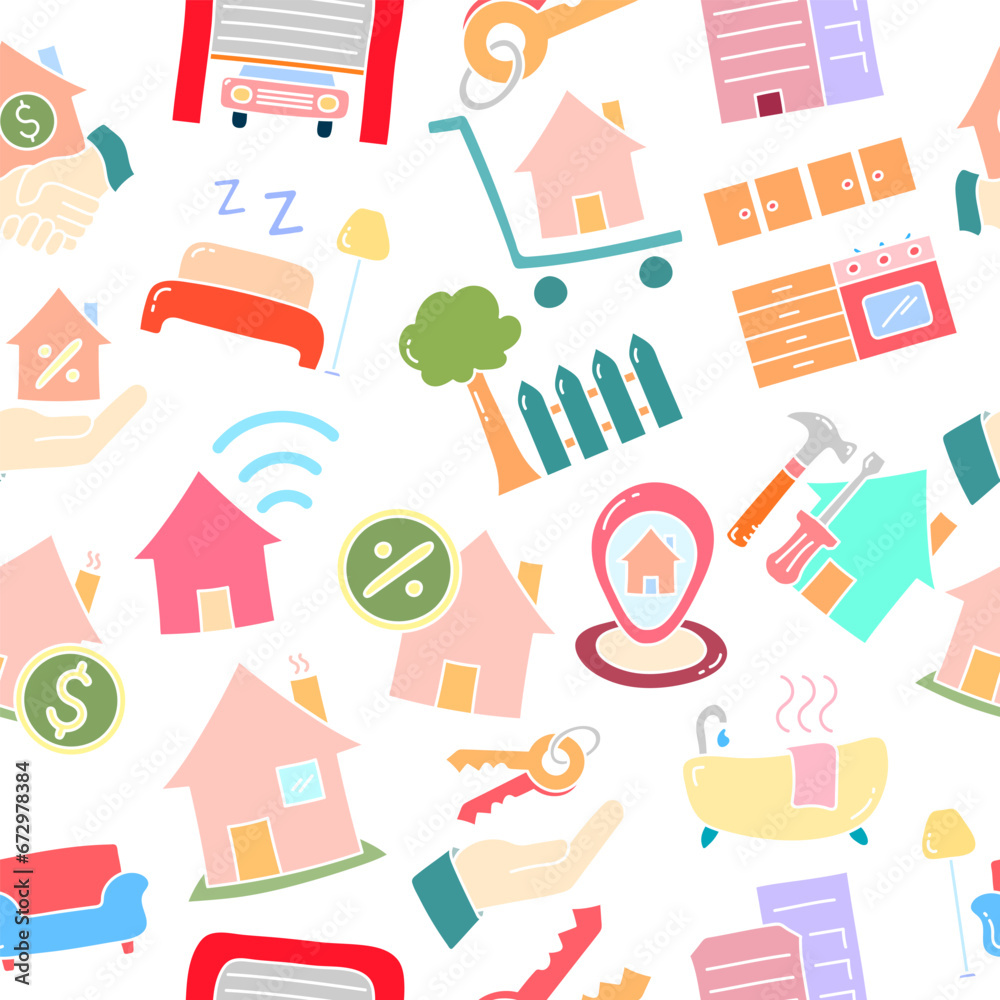 Seamless pattern with house, key, buy, sell, loan, smart home, building, address, renovation, kitchen, bedroom, living room, bathroom. Seamless pattern with house, key, buy, sell, loan, smart home, building, address, renovation, kitchen, bedroom, living room, bathroom.