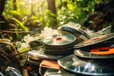 Waste CD-ROM Vinyl records, trash in forest. Problem plastic waste, Plastic pollution concept.