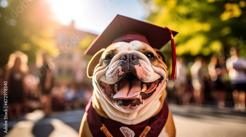 Happy smiling English bulldog dog wearing graduation cap and gown at university campus outdoors. English learning language school concept. Copy space.	 photo