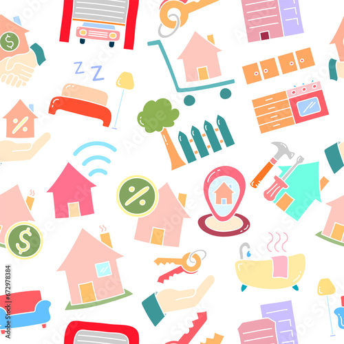 Seamless pattern with house, key, buy, sell, loan, smart home, building, address, renovation,  kitchen, bedroom, living room, bathroom.
