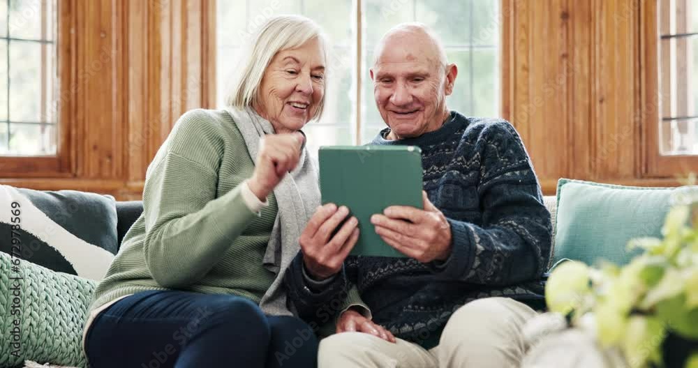Tablet, conversation and senior couple on a sofa networking on social media, mobile app or the internet. Happy, discussion and elderly woman and man in retirement scroll on digital technology at home