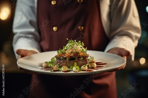 Modern food stylist decorating meal for presentation in restaurant. Closeup of food stylish. Restaurant serving, generative Ai