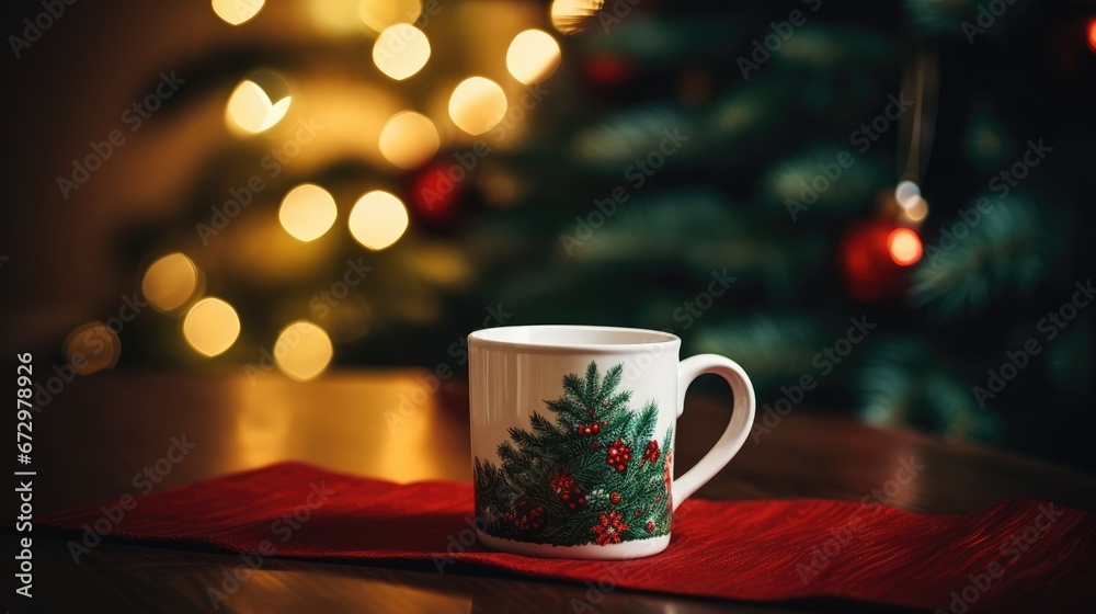 Obraz premium Christmas background with Mug on a Table blurred effect. warm, and cozy ambient lighting from New Year's tree Composition