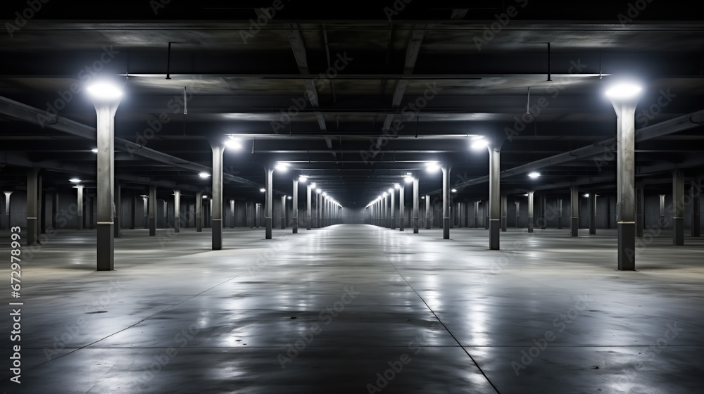 Empty underground parking in black and white with lights  - obrazy, fototapety, plakaty 