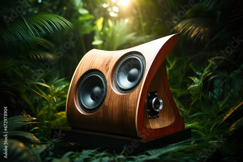 Wooden Audio Speaker, Music column, sub-woofer in green forest, Tropical Party Nature, Sustainability Eco music photo