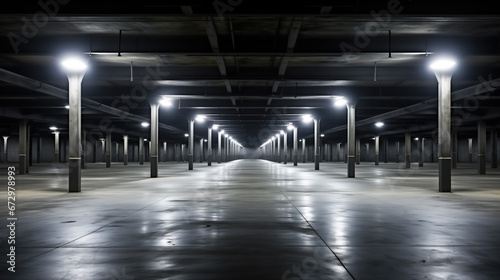 Empty underground parking in black and white with lights 