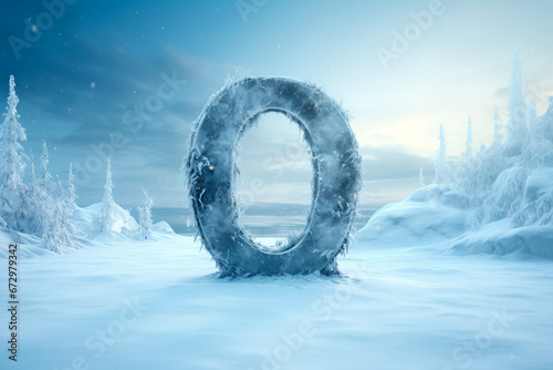 The number zero in the cold, against the backdrop of winter during a snowfall. Frozen number zero in the midst of the cold season. A giant number zero in the cold photo