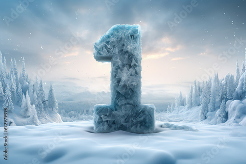 The number one in the cold, against the backdrop of winter during a snowfall. Frozen number one in the midst of the cold season. A giant number one in the cold. The number one made of ice  photo