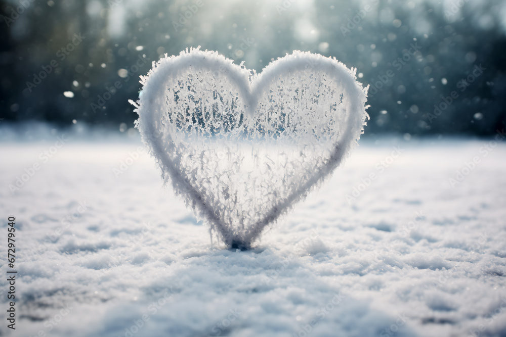A frozen heart against a backdrop of wintry weather. A cold heart in the midst of snow. Chill in relationships. A snow-covered heart in the frost