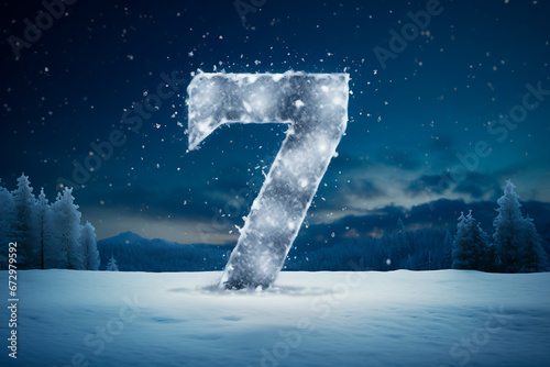 The number seven in the cold, against the backdrop of winter during a snowfall. Frozen number seven in the midst of the cold season. A giant number seven in the cold photo