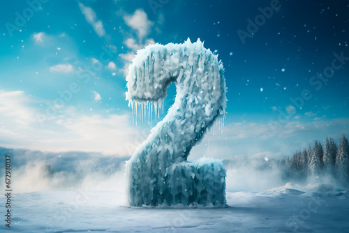 The number two in the cold, against the backdrop of winter during a snowfall. Frozen number two in the midst of the cold season. A giant number two in the cold photo