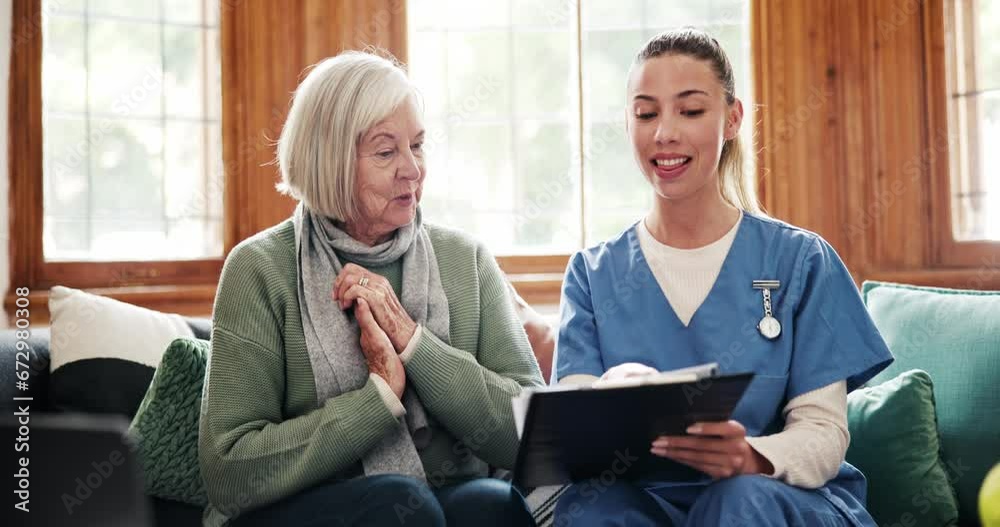 Happy, old woman or doctor with good news, results or report history talking in consultation. Checklist, clapping or nurse with medical update, clearance or smile for elderly patient in nursing home