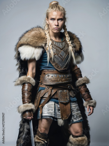 Ai generated image of a blonde warrior Viking woman with fur and leather armor isolated on a bright background 