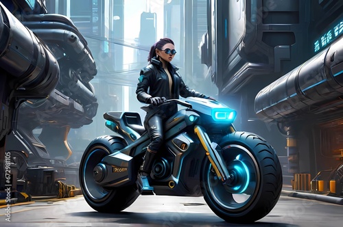未来警察サイバーパンクモーターバイクに乗る女