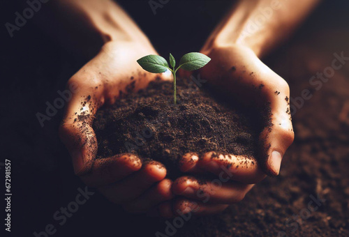 Hands holding dirt with small plant growing. Plant in hands. Gardening sprout in hands.