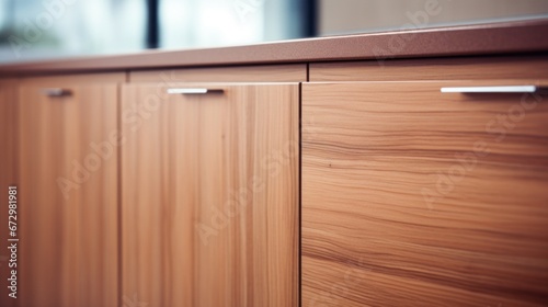 A close up of a wooden cabinet with metal handles, AI