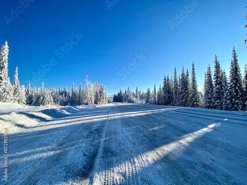 Snowy road through the woods