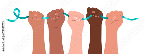 Diverse women`s hands hold a teal ribbon. Modern flat vector illustration.  Awareness for cervical cancer, Ovarian Cancer, and Polycystic Ovary Syndrome (PCOS).