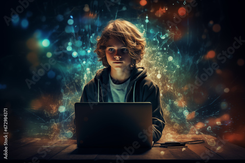 Boy sitting with laptop on abstract background.