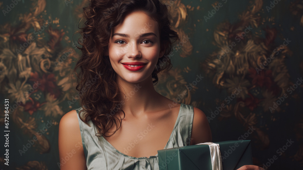 A beautiful young woman smiles against a backdrop of colorful floral wallpaper, gently holding a adorned gift box for her mother, symbolizing deep love and gratitude.
A beautiful young woman smiles against a backdrop of colorful floral wallpaper, gently holding a adorned gift box for her mother, symbolizing deep love and gratitude.