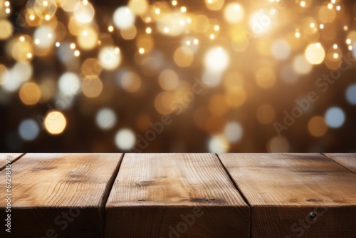 Abstract warm living room decor with christmas tree string lights on empty wooden table top