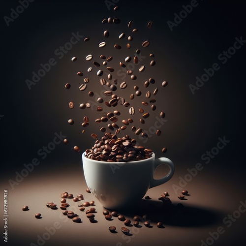 COFFEE BEANS FALLING INTO A CUP, BREAKFAST WITH COFFEE AND BEANS, DELICIOUS COFFEE BEANS FOR A GOOD BREAKFAST