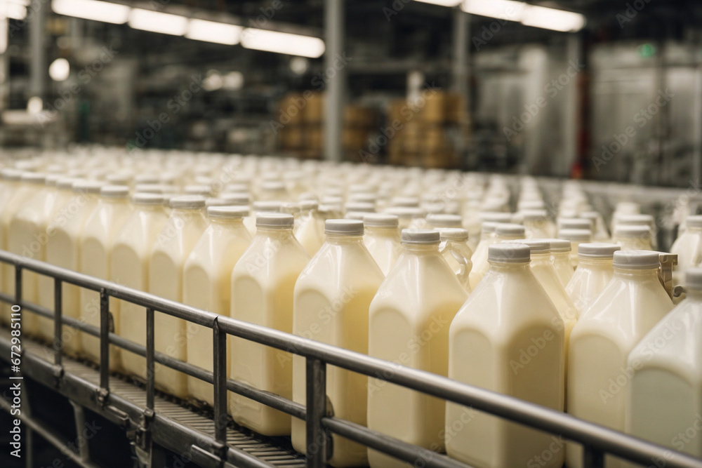 Bottles of milk on a factory conveyor