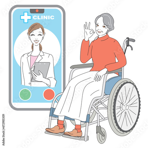 スマートフォンでオンライン診療を受けるシニア女性