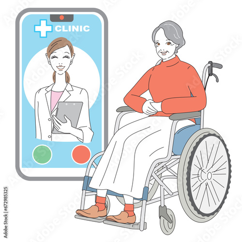 スマートフォンでオンライン診療を受けるシニア女性
