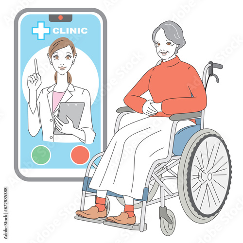 スマートフォンでオンライン診療を受けるシニア女性