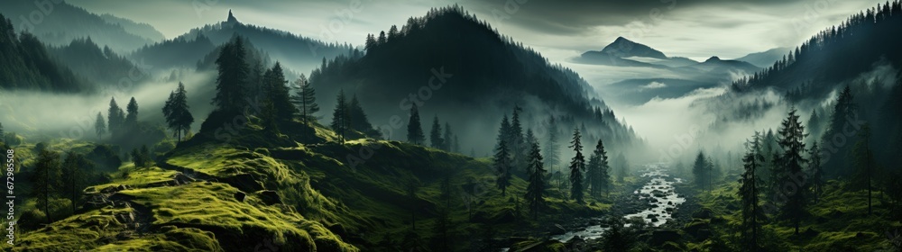Amazing mountain forest in the fog concept of travel