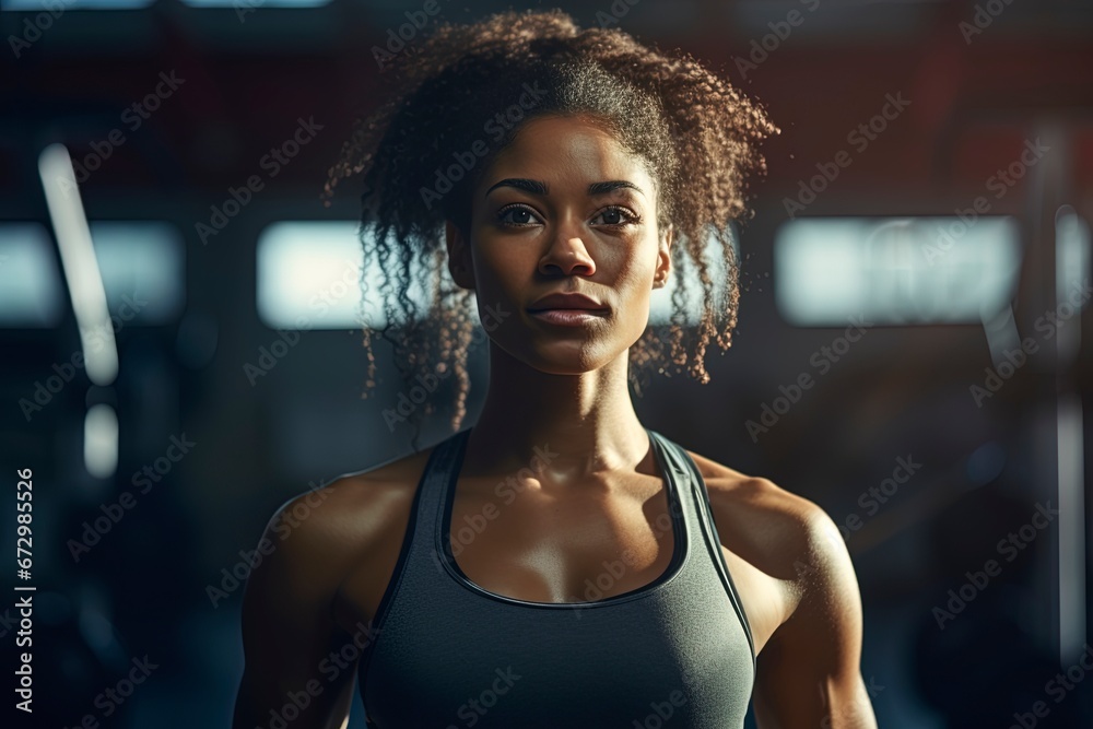 Gym and fitness concept. Strong athletic African American woman wearing sportswear.